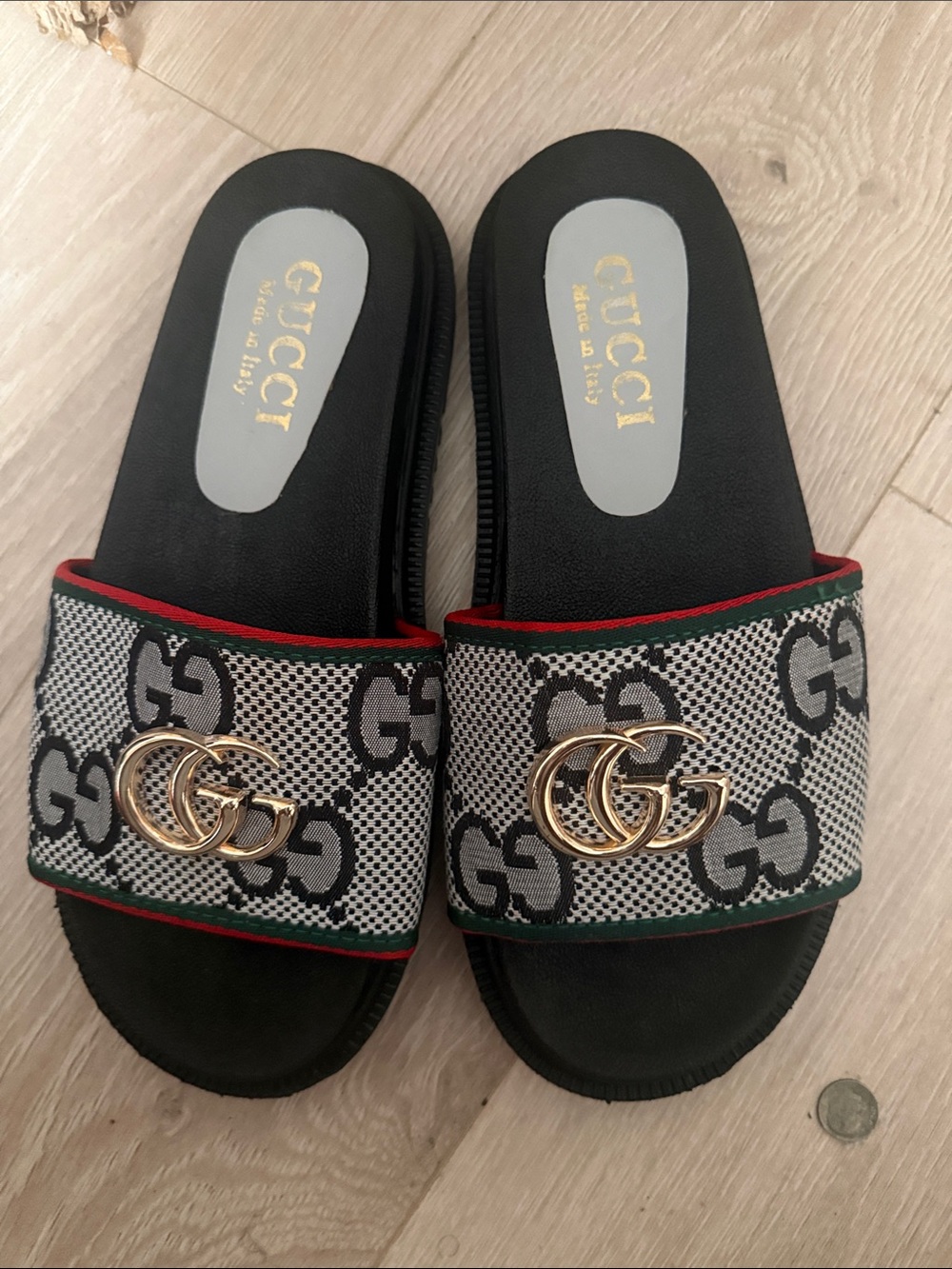 Gucci Black GG Web Trim Slide Sandals with Gold Logo